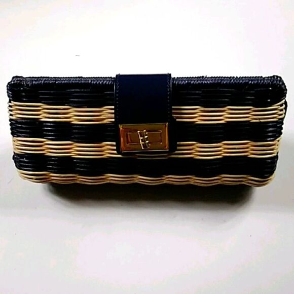 J CREW FACTORY HAVANA NAVY BLUE AND NATURAL WICKER STRAW CLUTCH EVENING BAG - Picture 3 of 16